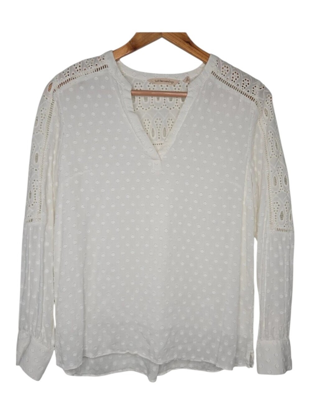 Soft Surroundings Womens Cream Swiss Dot Contrast Lace Crochet Boho Blouse XS